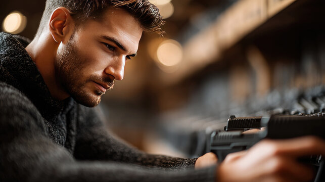 Man inspects handgun at a gun shop counter, thoughtfully weighing options for sport or self defense, focused expression as he examines model and safety features