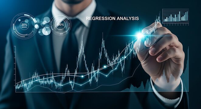Regression analysis concept. A financial analyst's hand uses a stylus to draw a trend line on a holographic chart, performing a regression analysis to predict future outcomes.