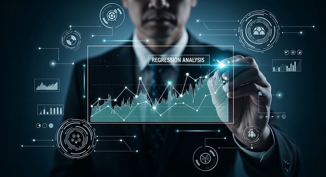 Regression analysis concept. A financial analyst's hand uses a stylus to draw a trend line on a holographic chart, performing a regression analysis to predict future outcomes.