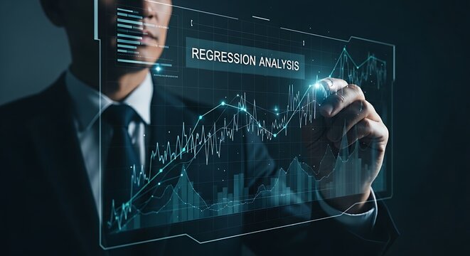 Regression analysis concept. A financial analyst's hand uses a stylus to draw a trend line on a holographic chart, performing a regression analysis to predict future outcomes.