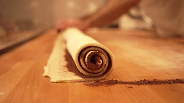 Baker working with handmade pastries in small bakery. Cocoa snail roll, chocolate roll. Closeup video of not staged, authentic moment.