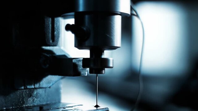 Close up view of an edm machine electrode performing precision drilling on a metal workpiece, using controlled electrical discharges to shape hard materials in modern industrial applications
