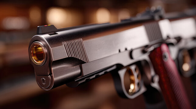 pistols close up. Gleaming on a metal surface. Featuring intricate details and a distinctive emblem. Conceptualizing power. Enforcement