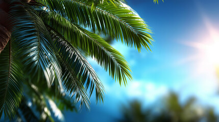 Obraz premium Stunning tropical palm trees against clear blue sky capturing essence of summer relaxation in vibrant paradise setting concept, defocused background, with copy space