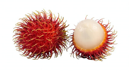Vibrant red rambutan fruits, one whole and one halved, display their spiky exterior and succulent white flesh, highlighting a healthy and exotic tropical snack