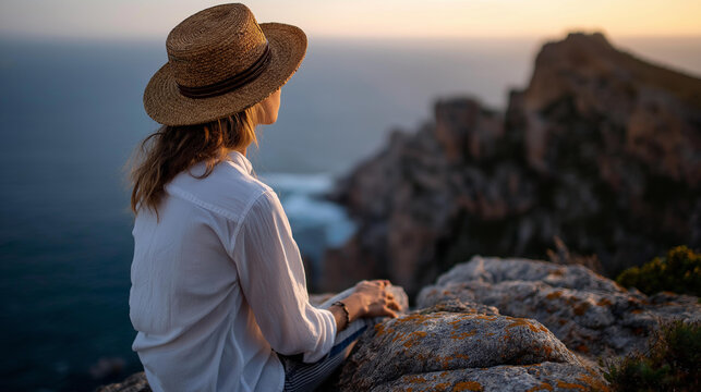 Faceless woman with straw hat sitting peacefully on rocky ledge gazing over stunning ocean vista, tranquility and connection with nature concept, defocused background, with copy