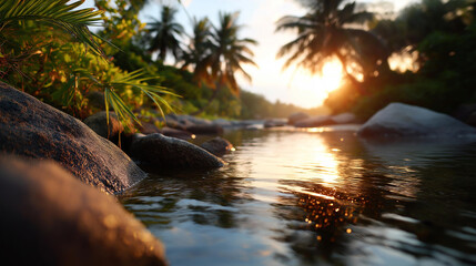 Fototapeta premium Picturesque ocean reflecting warm sunset hues bordered by palm trees and rocky edges, calm and idyllic coastal landscape concept, defocused background, with copy space