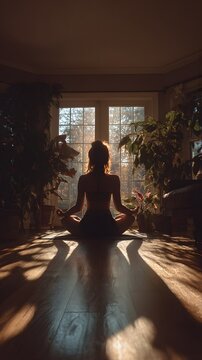 Meditation practice in sunlit room indoor setting silhouette relaxation peaceful atmosphere