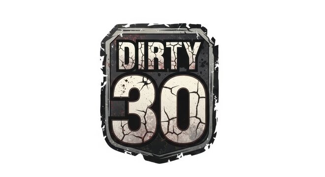 dirty 30 sign with cracked texture on white background closeup close up detail view natural lighting