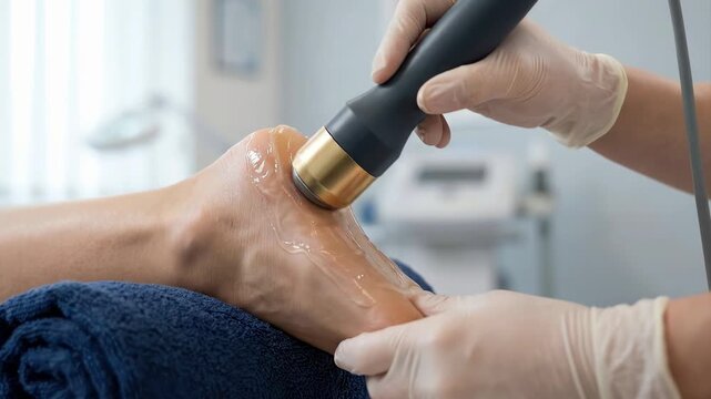 Close up video of a professional physiotherapist performing an ultrasound therapy treatment on a patient's heel using medical gel and a transducer in a bright clinical clinic setting.