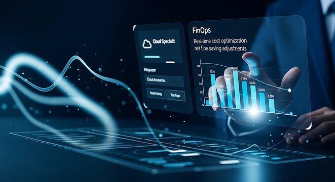FinOps concept. A cloud specialist's hand optimizes costs on a holographic dashboard, with bar charts of cloud spending decreasing in real-time with adjustments.