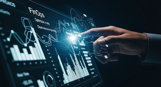 FinOps concept. A cloud specialist's hand optimizes costs on a holographic dashboard, with bar charts of cloud spending decreasing in real-time with adjustments.