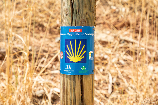 GR 245 Camino Mozarabe de Santiago - way of Saint James signpost leaving Puerto de la Torre, Malaga, Andalusia, Spain