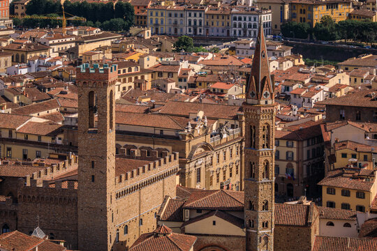 Badia Fiorentina bell tower, Bargello and terracotta rooftops in Florence, Italy