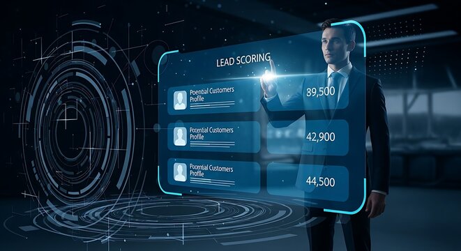 Lead scoring concept. A sales professional's hand interacts with a hologram where potential customers are automatically ranked with a glowing score next to their profiles.
