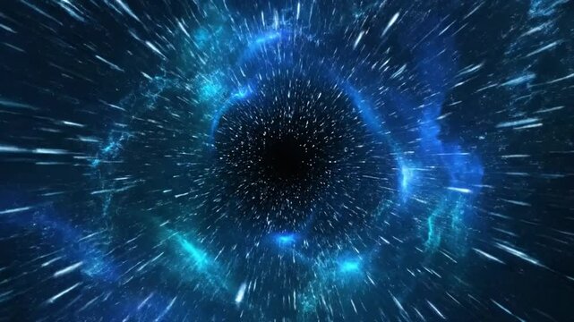 Vibrant blue particles swirl around a dark void in space with streaks of light radiating outward.