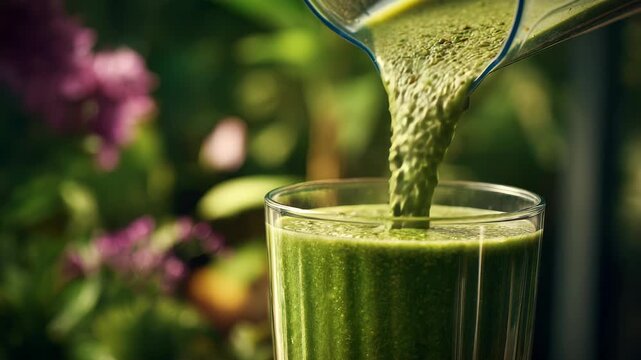 A thick green smoothie is poured into a transparent glass, set against a lush garden background with blurred flowers. The image evokes freshness, vitality, and a nutritious plant based diet
