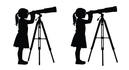 Young girl uses a telescope gazing at the distance silhouette