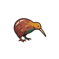 Fototapeta premium A colorful vector illustration of a kiwi bird standing on its legs, showcasing its distinctive long beak and brown plumage with yellow and green accents on a plain white background. Perfect