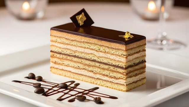 Classic French Opera Cake Slice with Glossy Chocolate Finish, Layered Coffee Cream Texture, Gourmet Pastry Concept, Elegant Presentation Style