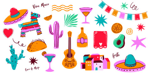 Fototapeta premium Cinco de Mayo Mexican holiday celebration. Hand-drawn fiesta decorative elements and symbols collection. Mexico icons set.