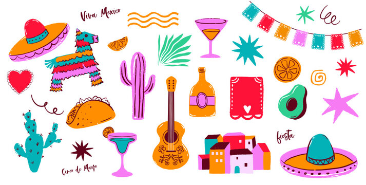 Cinco de Mayo Mexican holiday celebration. Hand-drawn fiesta decorative elements and symbols collection. Mexico icons set.