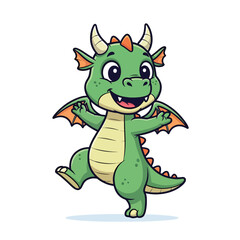 Fototapeta premium Joyful Little Dragon Character Dancing Playfully on White Background - Cute Vector Illustration