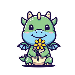 Fototapeta premium Adorable cartoon baby dragon character happily holding a vibrant yellow flower illustration