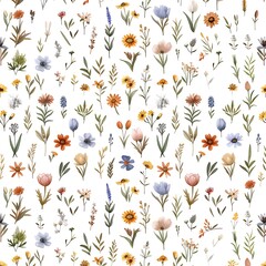 Obraz premium Watercolor botanical pattern of wildflowers and foliage Image