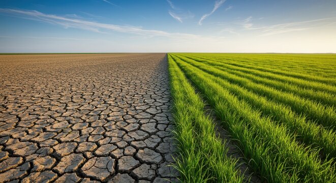 Climate transition showing cracked, dry earth giving way to vibrant, newly planted sustainable fields and lush vegetation emerging, sunlight, future, desertification