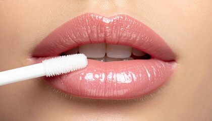Naklejka premium Close-up of glossy lips with lip applicator