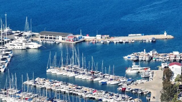 Aerial Drone View of Teos Marina and Sigacik Coastal Town in Izmir, Turkey &ndash; Aegean Sea Harbor and Scenic Village 4K
