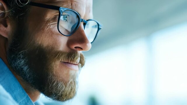 A bearded man with glasses is captured in a close up as he gazes thoughtfully, suggesting deep concentration. The modern office background and soft lighting create a professional atmosphere