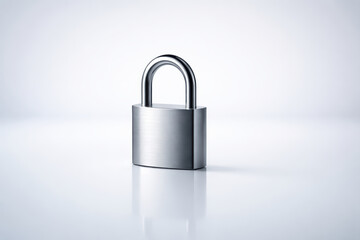 Naklejka premium Shiny metal padlock stands alone on smooth surface, symbolizing security and protection. Its sleek design and polished finish reflect light, creating modern aesthetic
