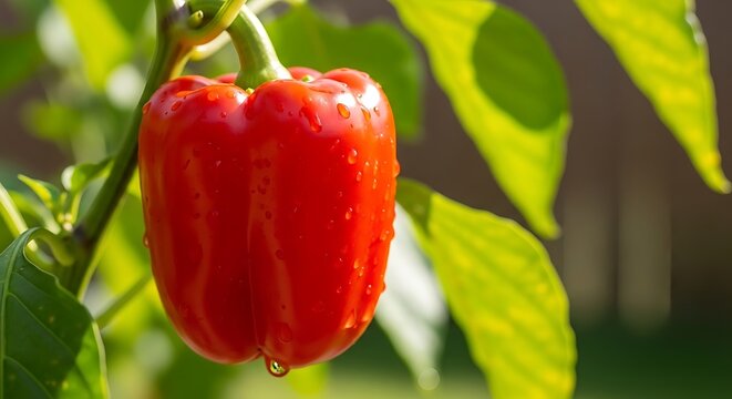 Red bell pepper hanging from tree