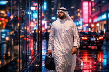 Obraz premium Arab man walking city street at night wearing traditional white robe and headscarf, holding briefcase, reflecting on glass wall, vibrant urban lights and wet pavement creating colorful atmosphere