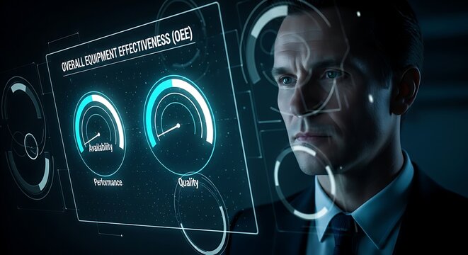 Overall Equipment Effectiveness (OEE) concept. A factory manager's hand analyzes a holographic dashboard with circular gauges showing machine availability, performance, and quality.