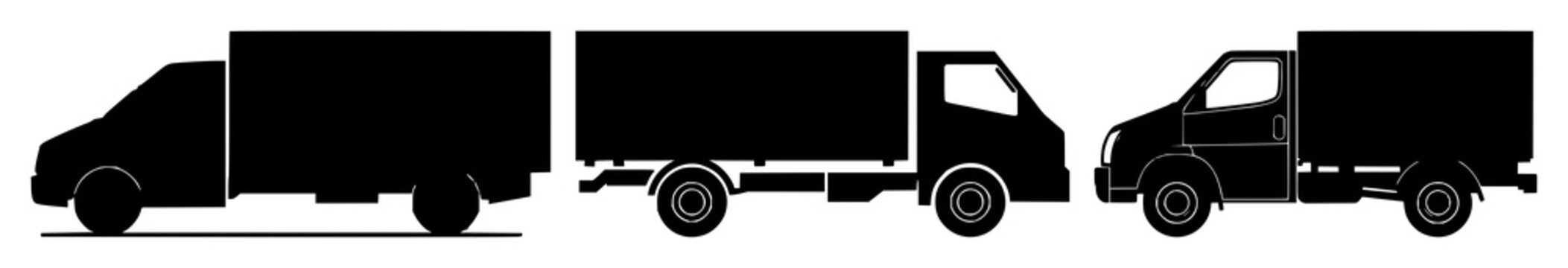 Delivery truck set with clean geometric outline icon featuring transport, logistics, freight with charcoal gray and flat two-dimensional