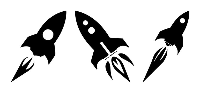 Minimalist vector icon of a black rocket ship launching upward at a diagonal angle on a solid white background. The silhouette features a circular porthole and three stylized engine blast lines, cr...