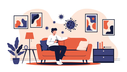 Fototapeta premium Young man sitting on an orange sofa drinking coffee while surrounded by floating virus icons representing pandemic quarantine at home.