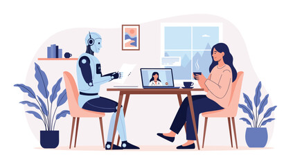 Fototapeta premium Woman having a medical teleconsultation using a laptop with a doctor on screen and robot assistant in her comfortable modern home office.