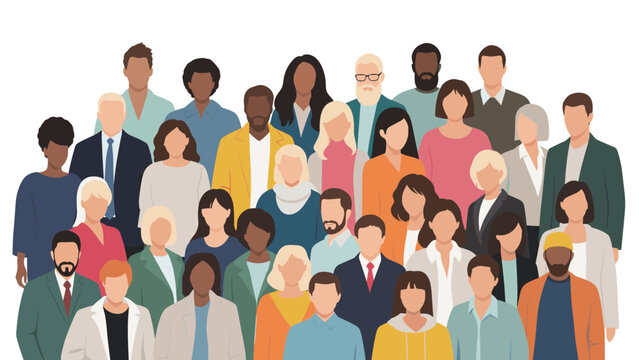 Large crowd of diverse people with different ethnicities and fashion styles standing together as a community in a clean flat design style.