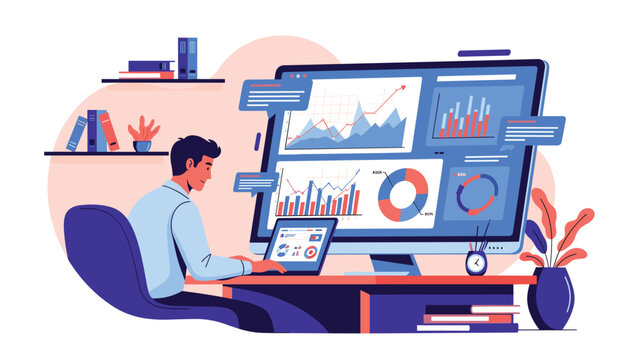 Professional data analyst monitoring complex financial charts and graphs on large desktop monitor in an organized modern home workspace.