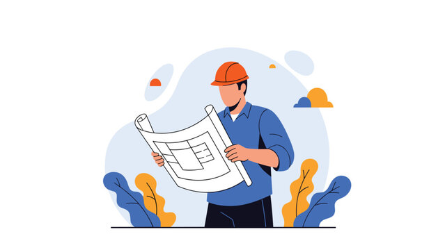 Professional engineer or architect reviewing construction blueprints against an abstract background with shapes and lush indoor plants.