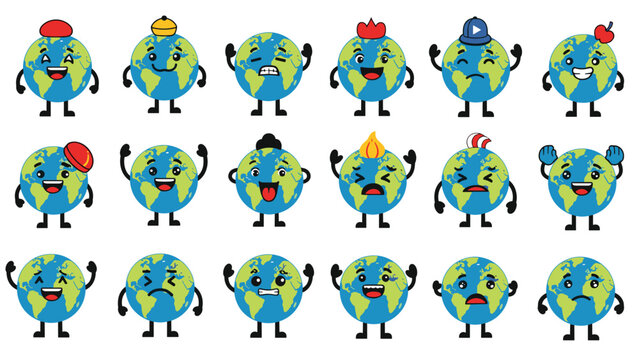 Grid of eighteen cute Earth globe characters with different facial expressions and hats to represent diversity and environment.
