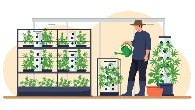 Farmer watering green plants in a modern vertical hydroponic greenhouse system for sustainable indoor food production.