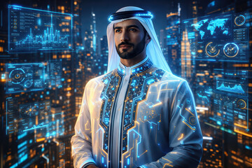 Obraz premium Futuristic man in traditional Middle Eastern attire with digital interface holograms displaying data and charts, glowing blue technology elements, cityscape background at night