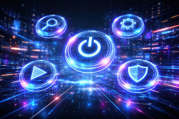 Fototapeta premium Power button icon search icon play icon shield icon gear icon digital interface futuristic technology glowing blue symbols virtual control panel technology concept