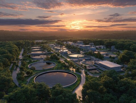 Aerial view of a water treatment plant at sunset, surrounded by trees.