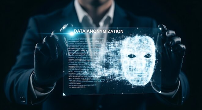 Data anonymization concept. A privacy specialist's hand applies an anonymization mask to a holographic database, obscuring sensitive information which becomes unreadable.